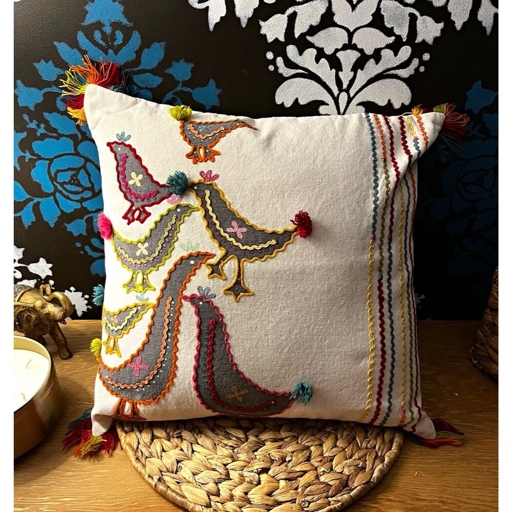 Pier 1 Embroidered Bird Throw Pillow Beige Multicolor Cotton 17x17 Zip